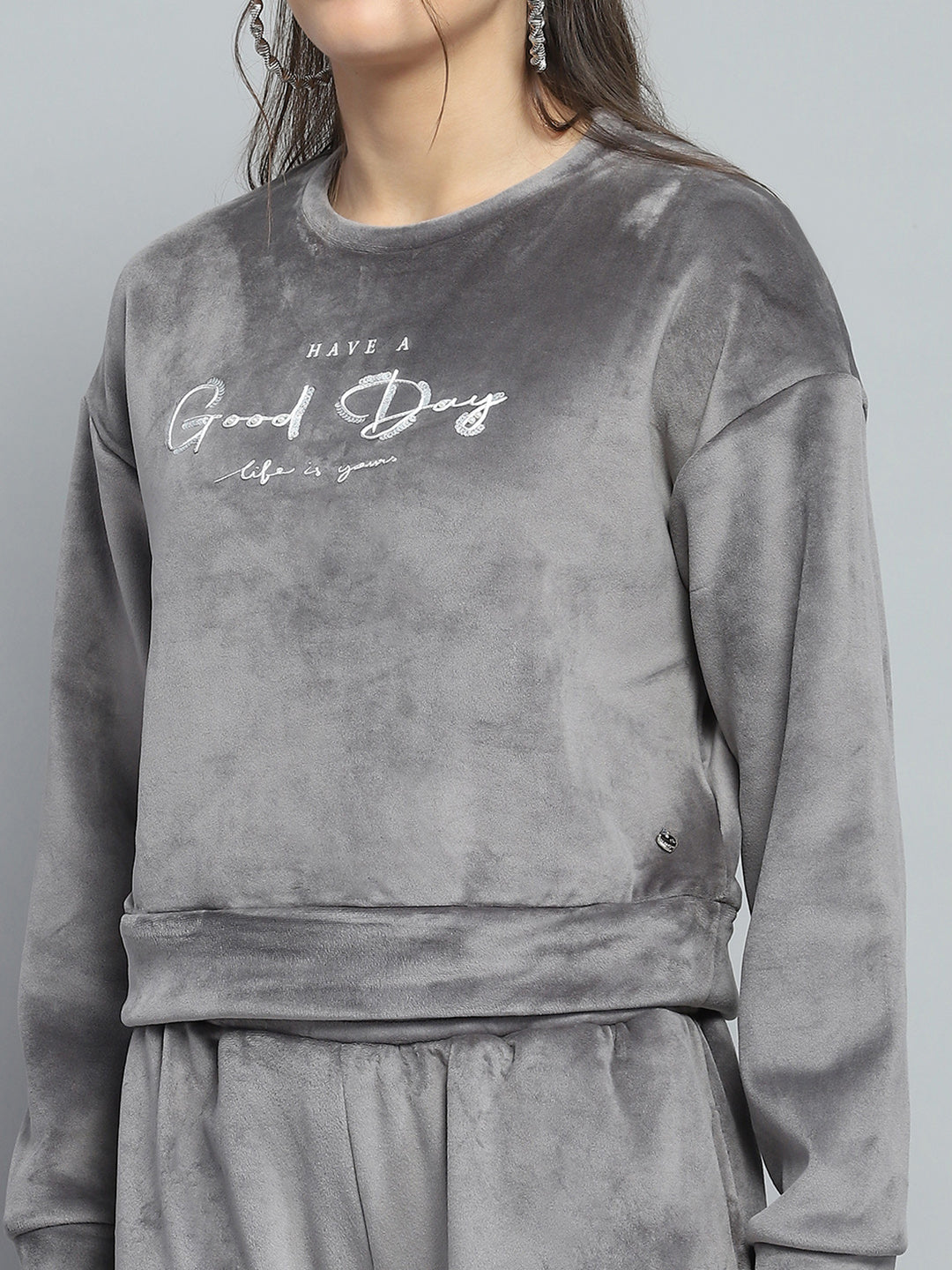 Women Grey Printed Round Neck Full Sleeve Cords Set