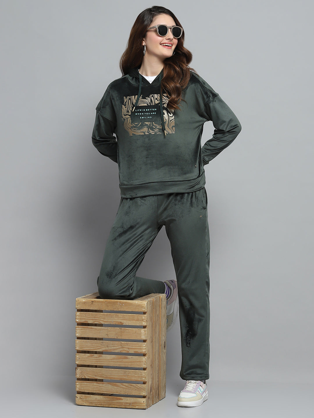 Women Olive Printed Hooded Full Sleeve Cords Set