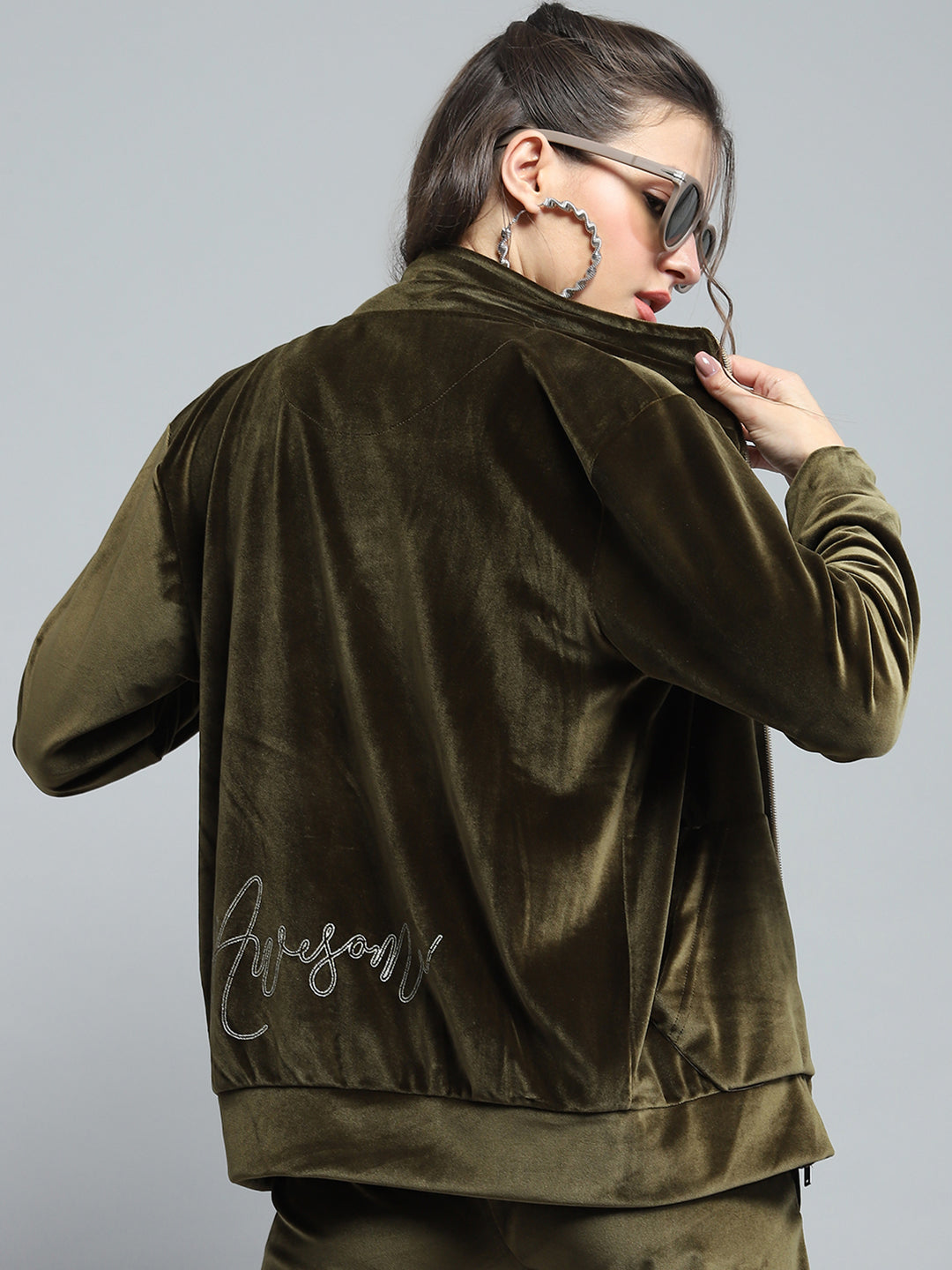 Women Olive Printed Mock Neck Full Sleeve Cords Set