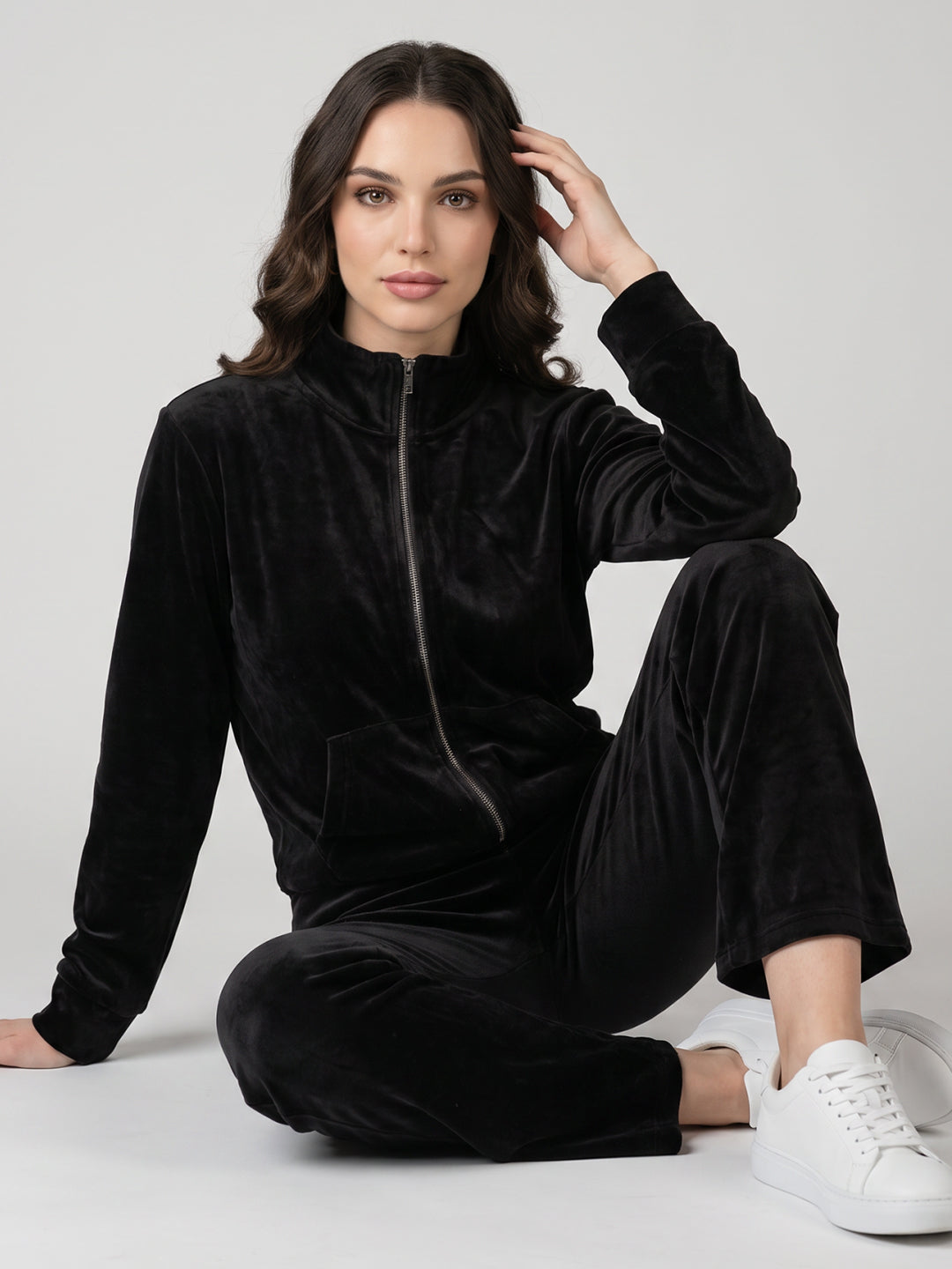 Women Black Solid Turtle Neck Full Sleeve Cords Set