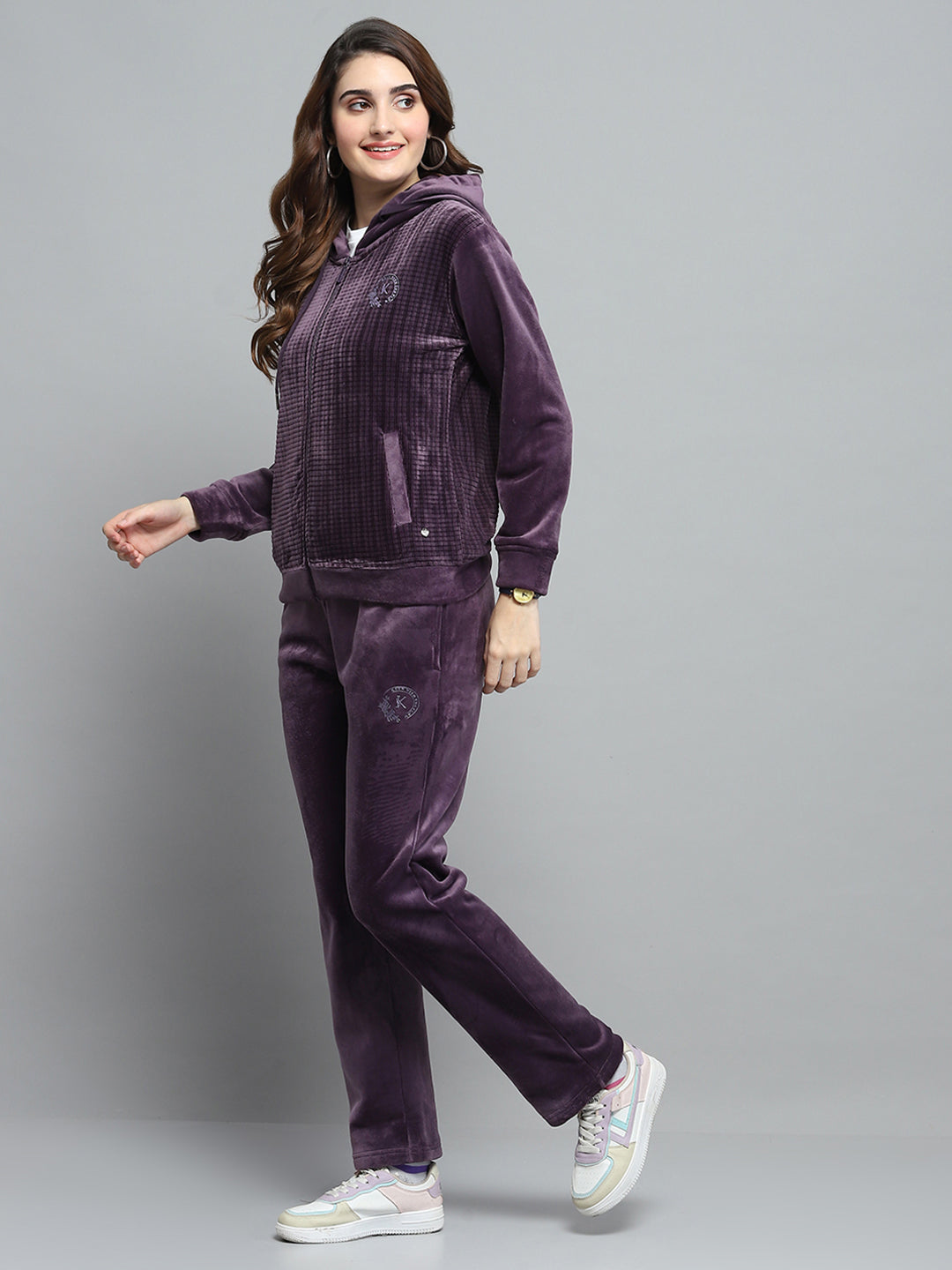 Women Purple Printed Hooded Full Sleeve Cords Set