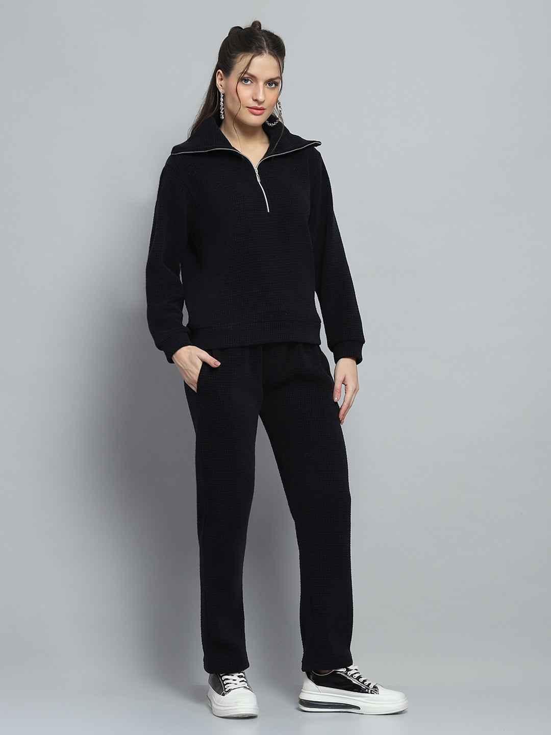 Women Black Self Design Collar Full Sleeve Cords Set