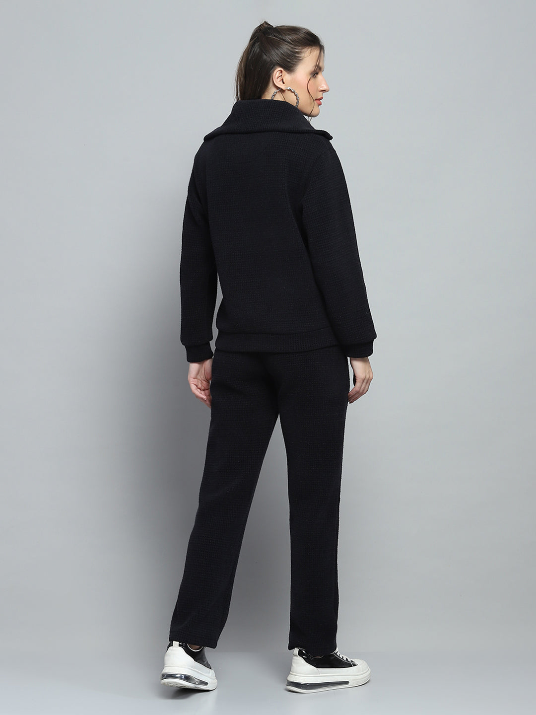 Women Black Self Design Collar Full Sleeve Cords Set