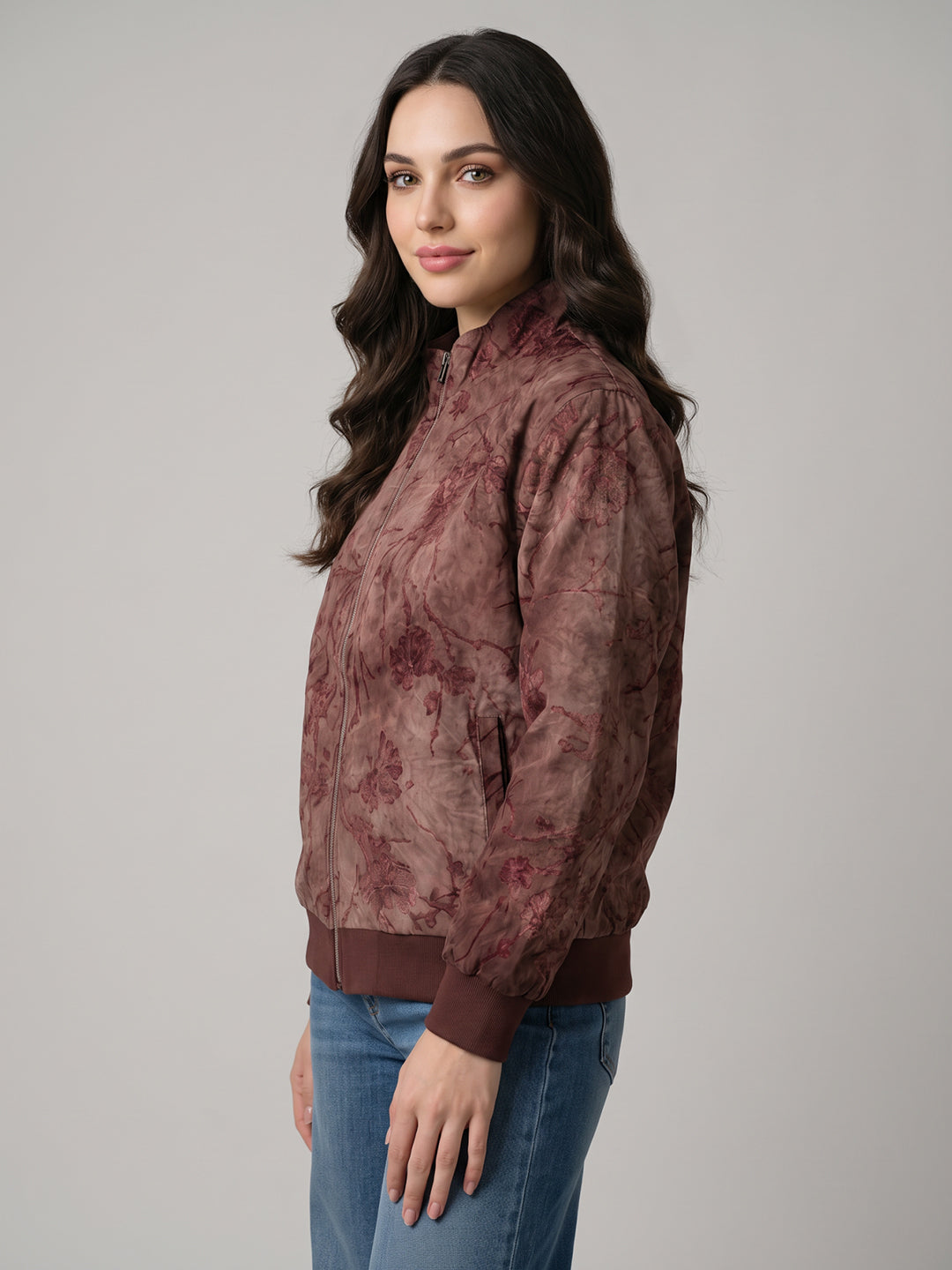 Women Peach Floral Motif Printed Turtle Neck Full Sleeve Sweatshirt