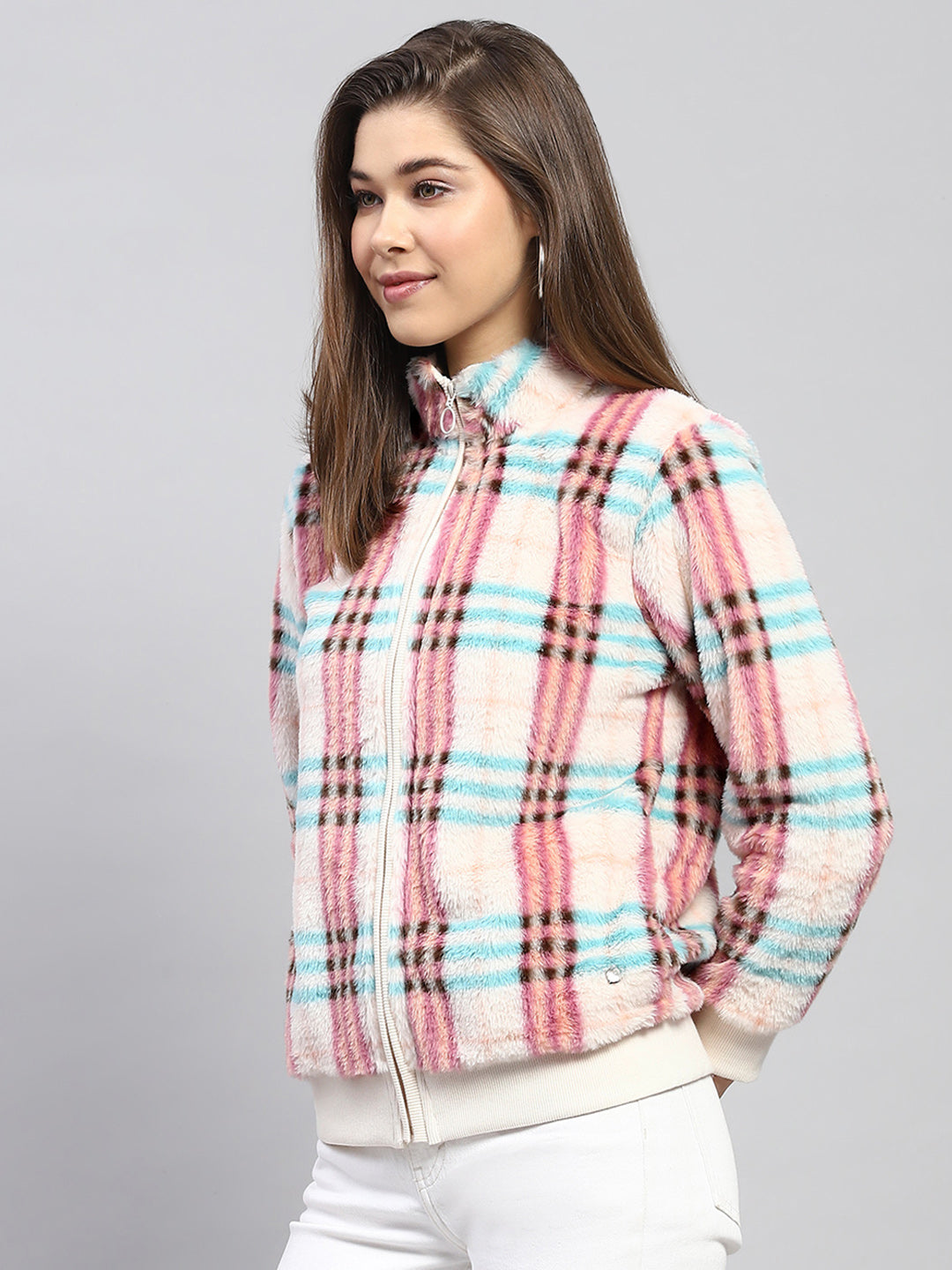 Women Pink Check Mock Neck Full Sleeve Sweatshirt