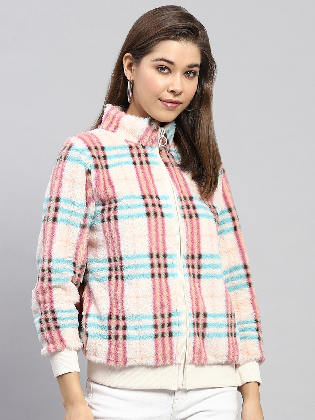 Women Pink Check Mock Neck Full Sleeve Sweatshirt