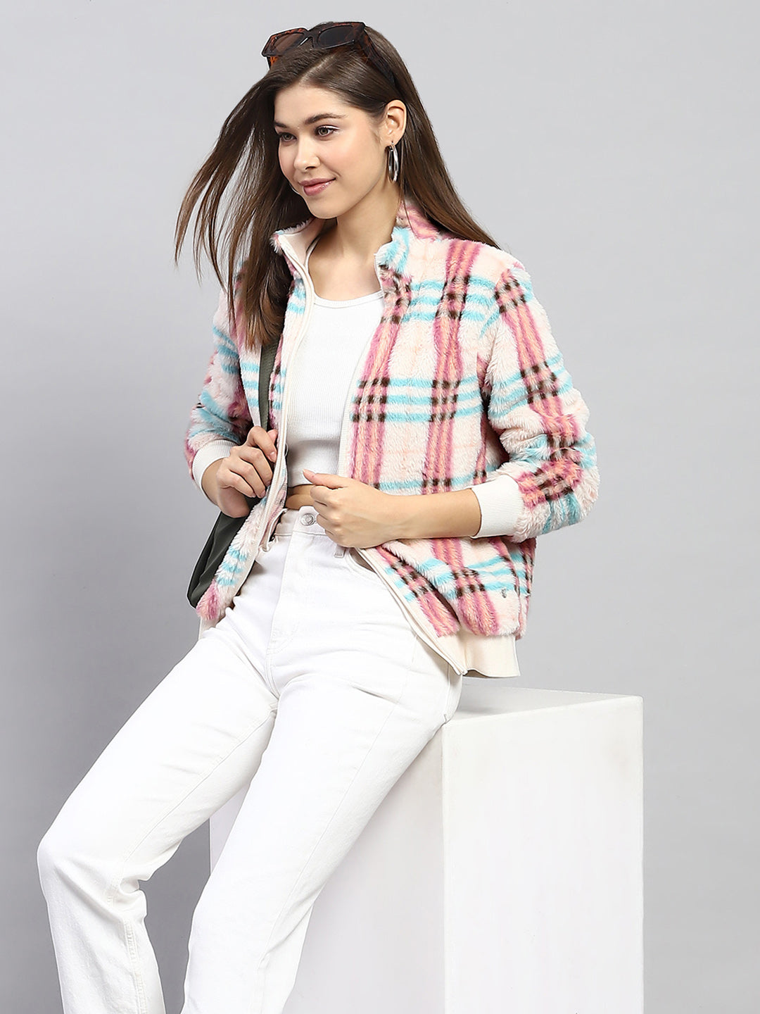 Women Pink Check Mock Neck Full Sleeve Sweatshirt