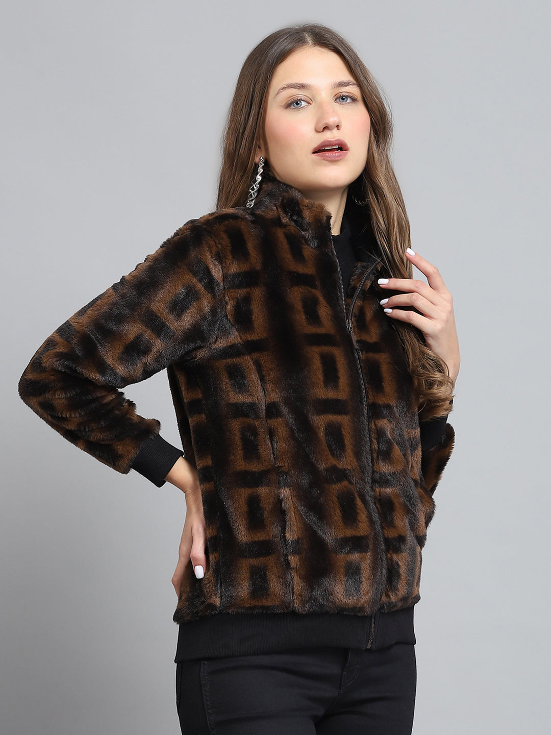 Women Brown Self Design Mock Neck Full Sleeve Sweatshirt