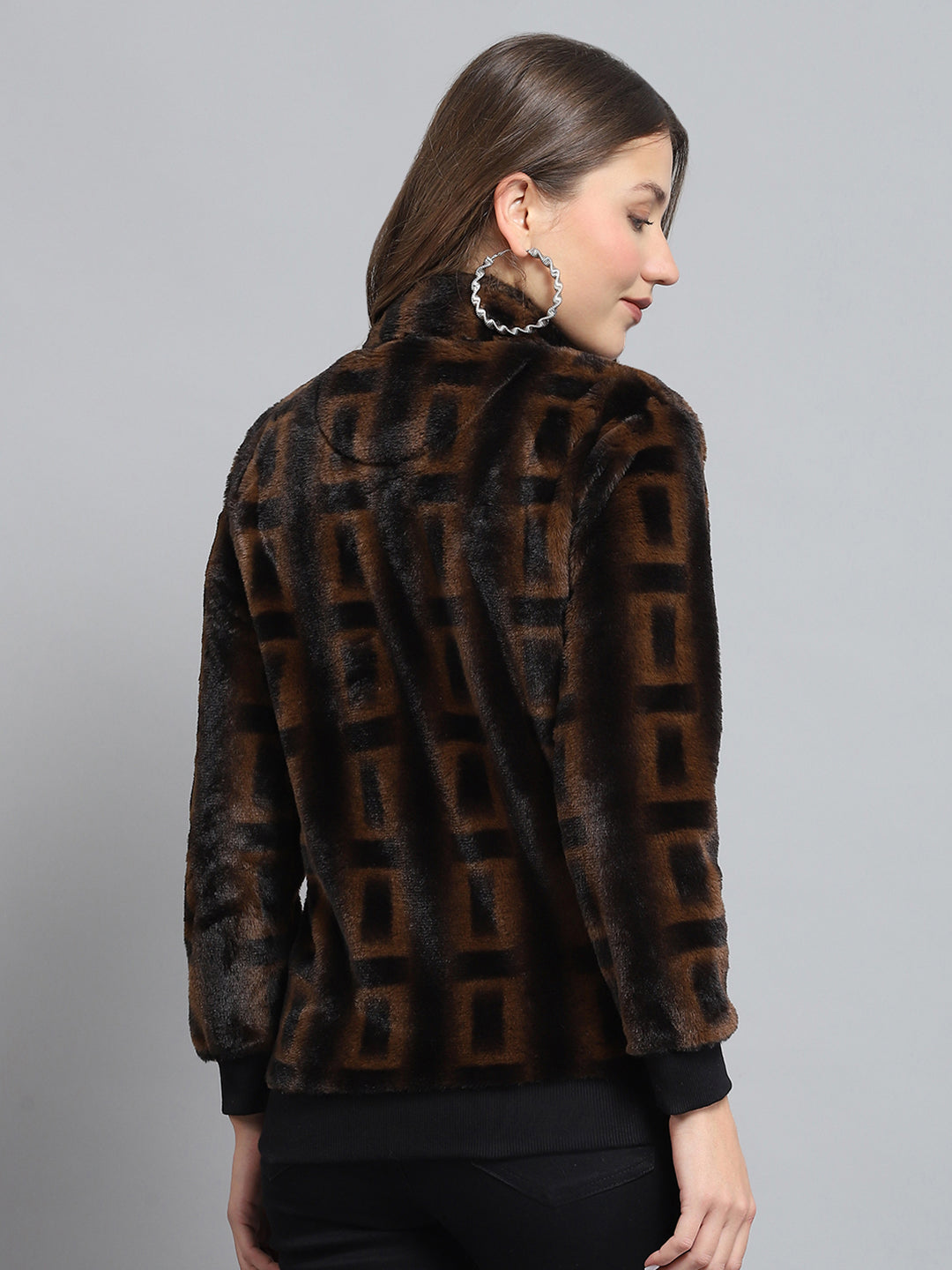 Women Brown Self Design Mock Neck Full Sleeve Sweatshirt