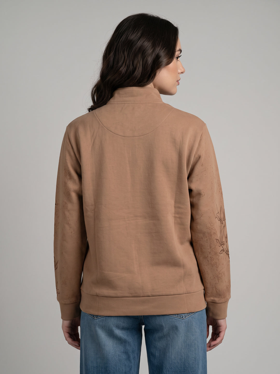 Women Beige Printed Turtle Neck Full Sleeve Sweatshirt