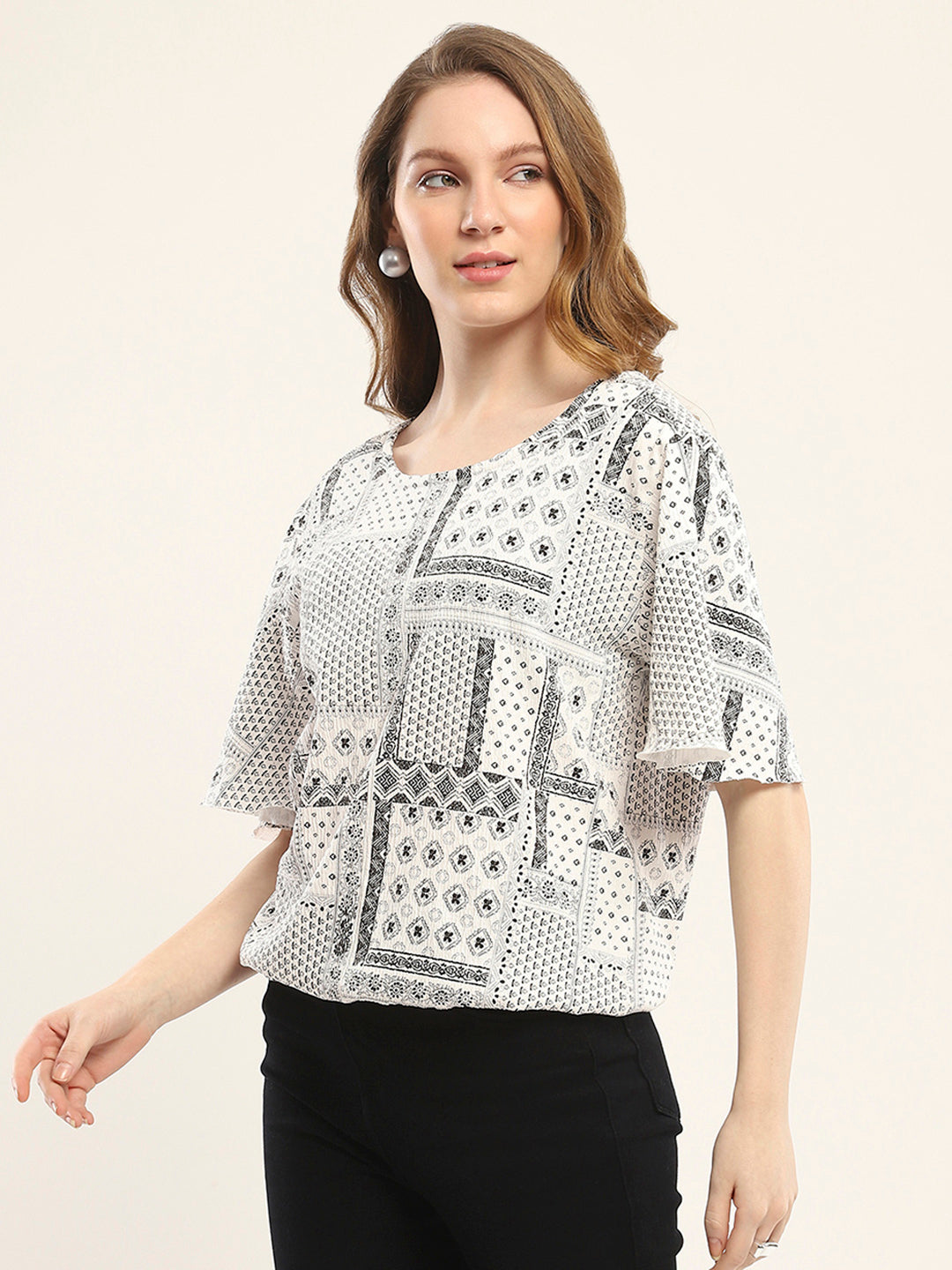 Women White Printed Round Neck Half Sleeve Winte Top