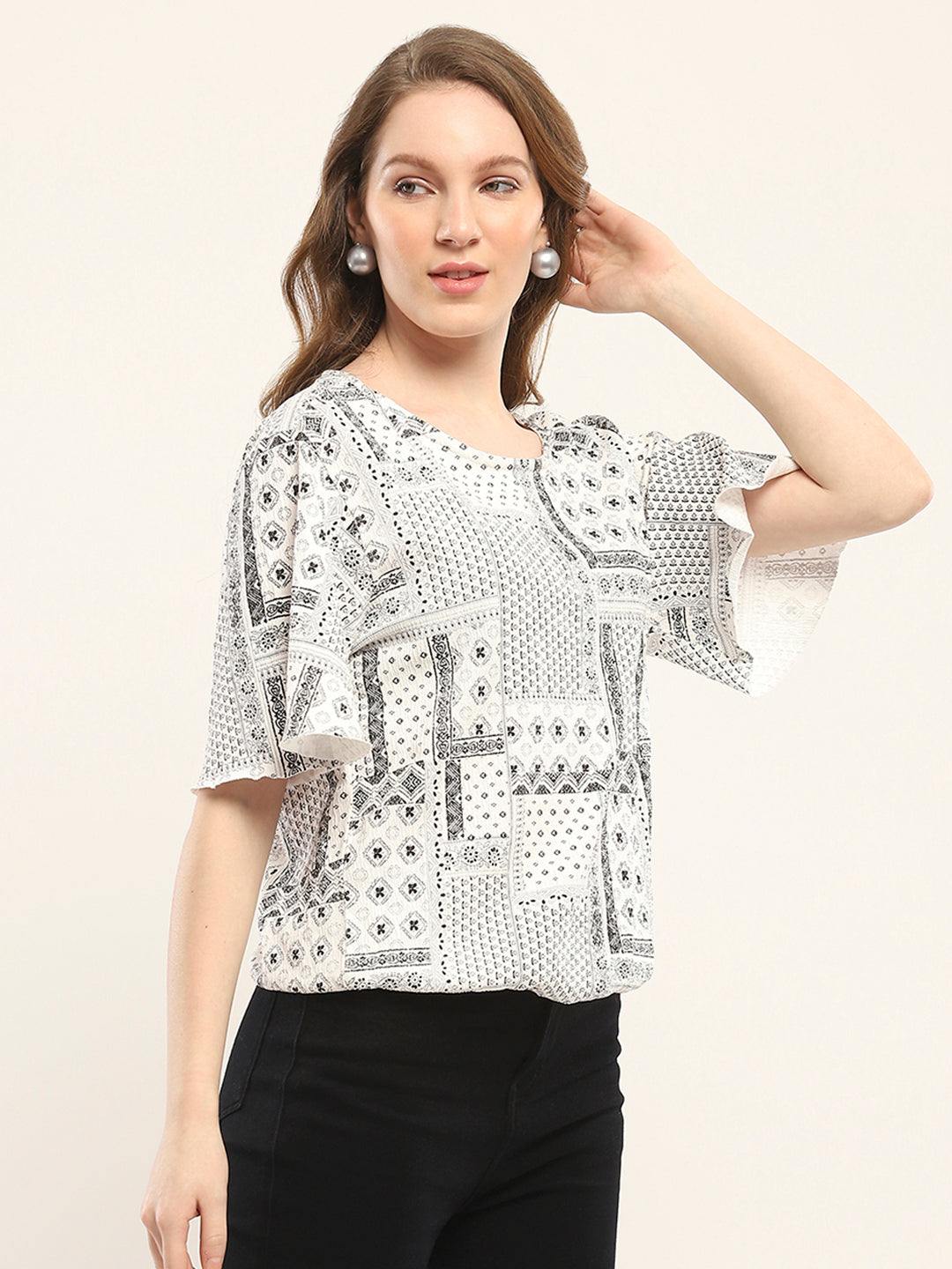 Women White Printed Round Neck Half Sleeve Winte Top