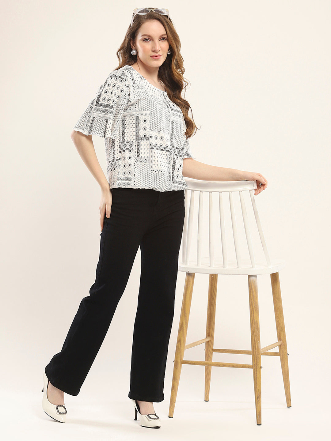 Women White Printed Round Neck Half Sleeve Winte Top