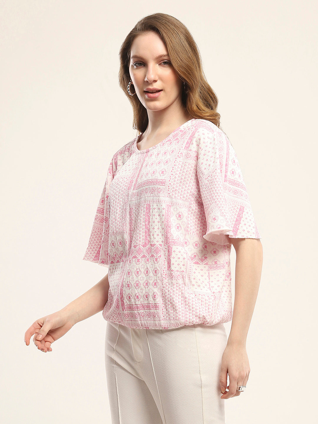 Women Pink Printed Round Neck Half Sleeve Winte Top