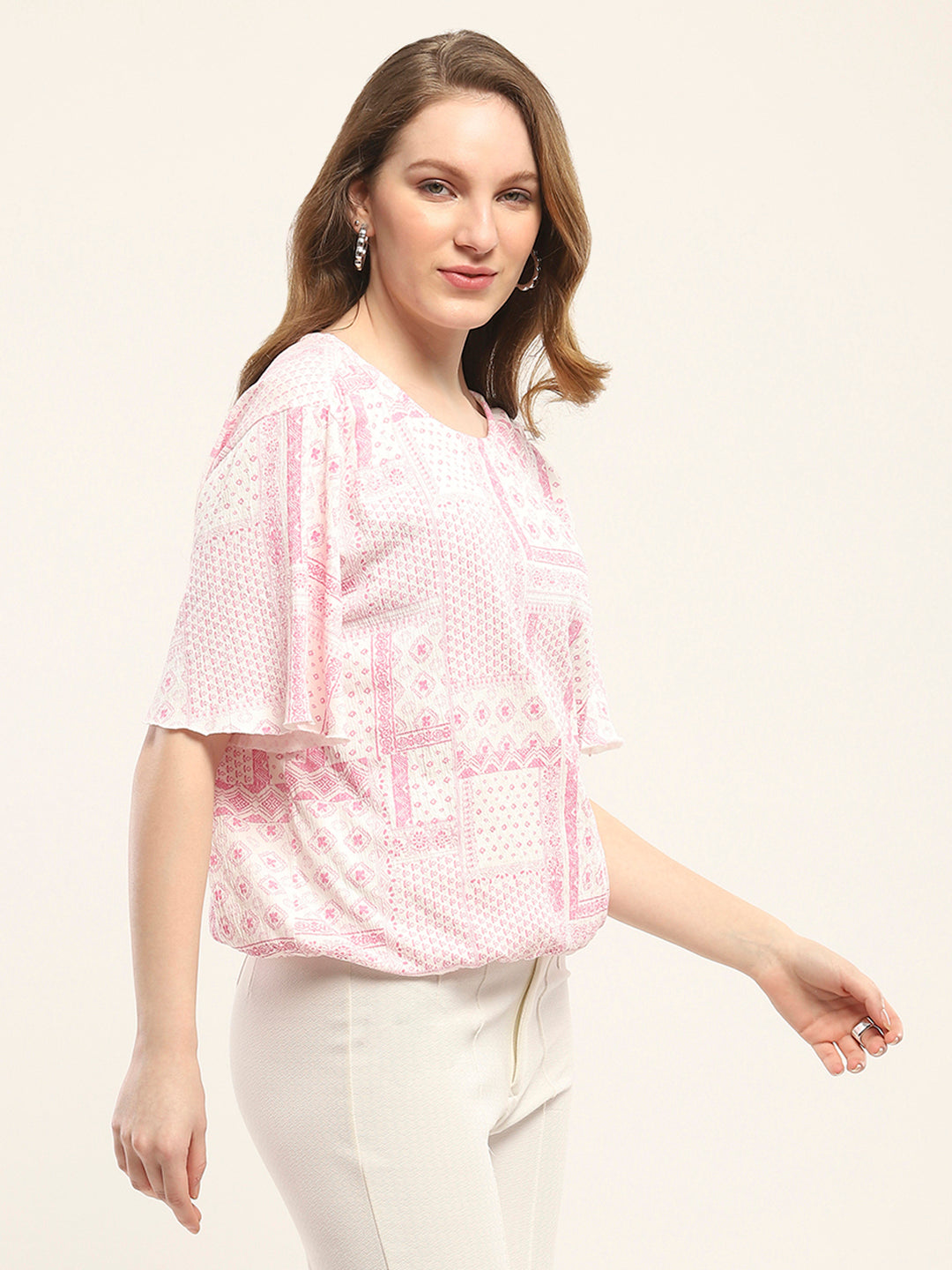Women Pink Printed Round Neck Half Sleeve Winte Top