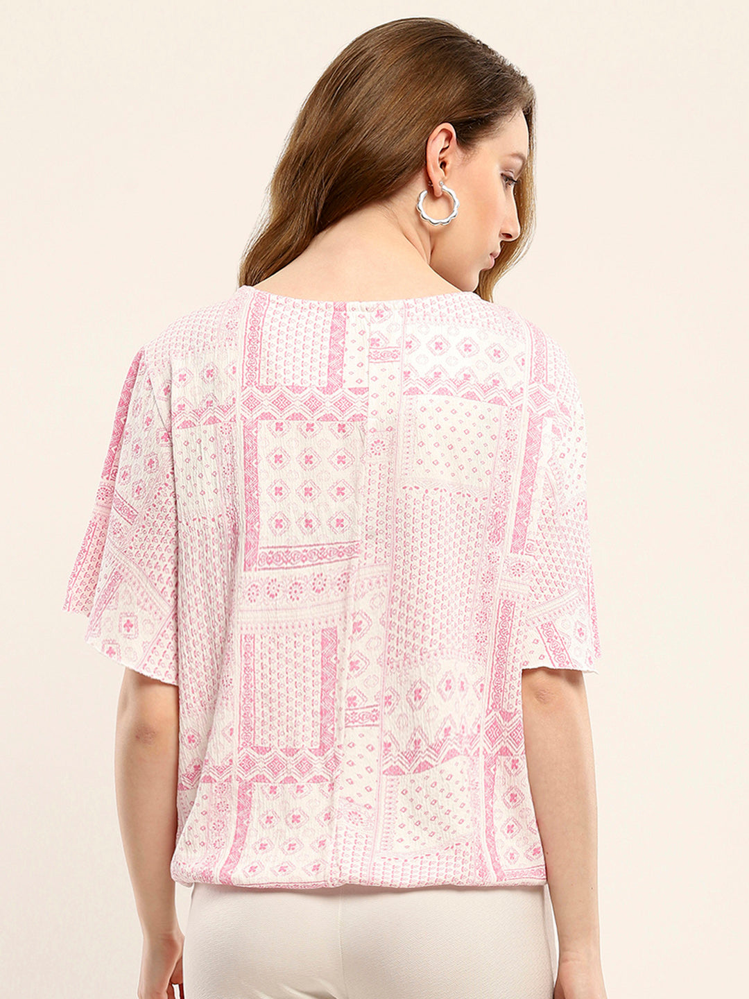 Women Pink Printed Round Neck Half Sleeve Winte Top