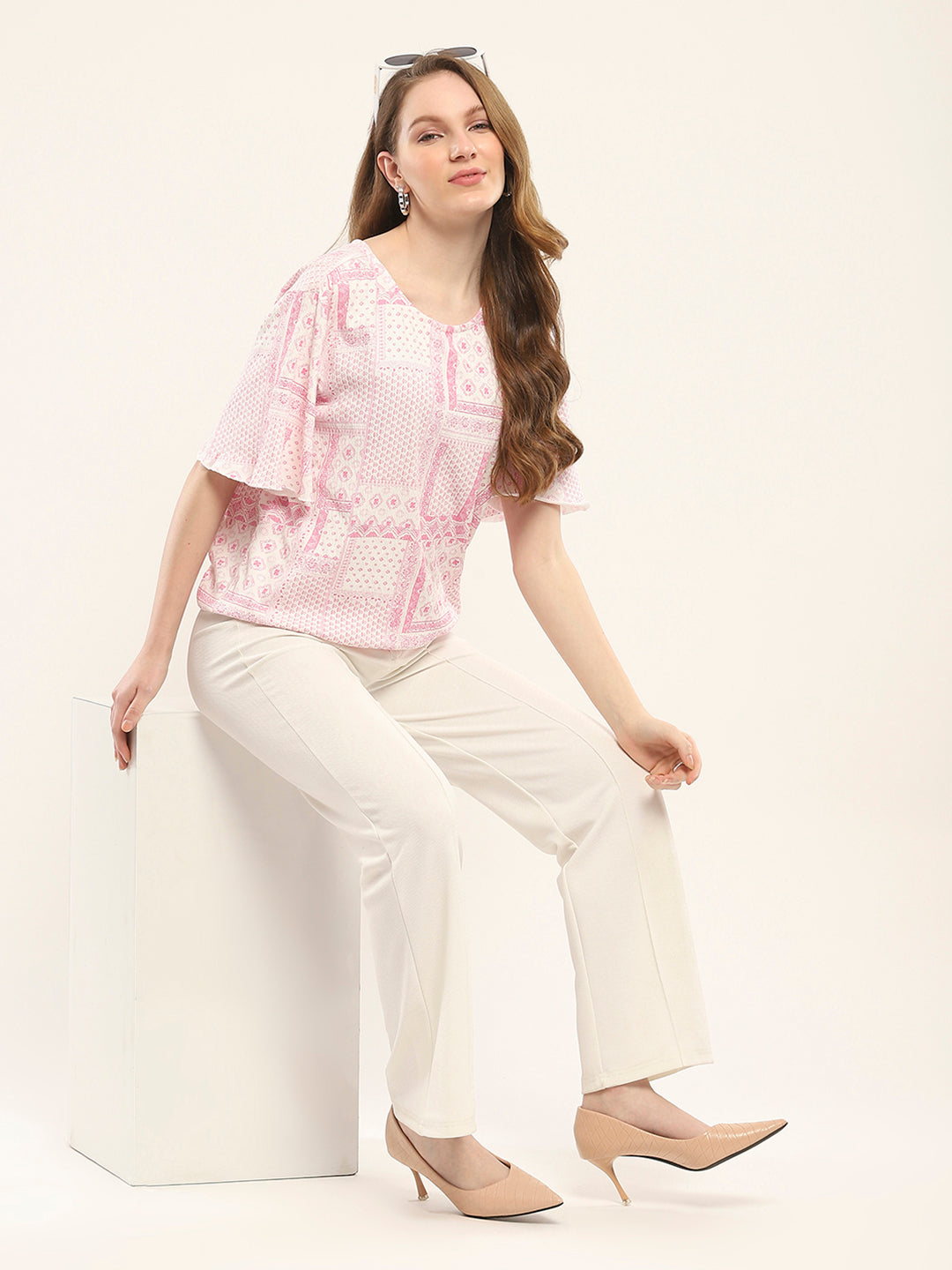 Women Pink Printed Round Neck Half Sleeve Winte Top