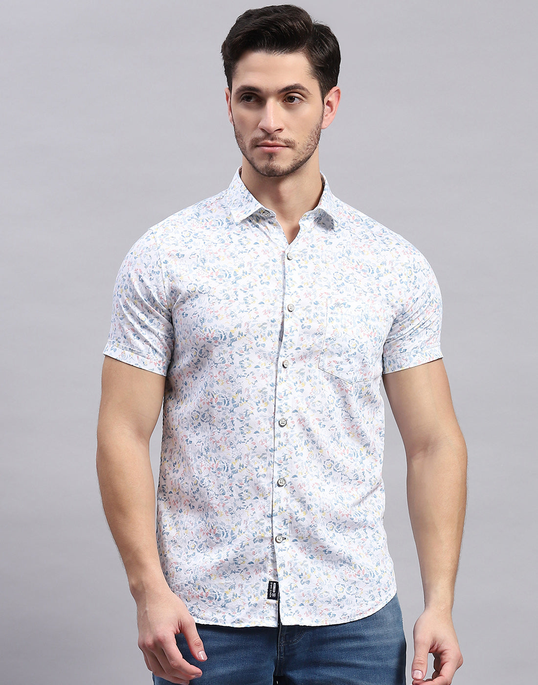 Men White Printed Collar Half Sleeve Shirt