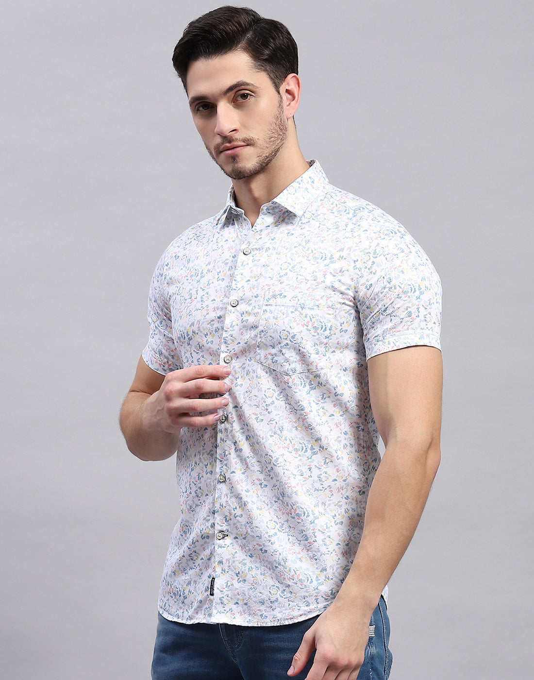 Men White Printed Collar Half Sleeve Shirt