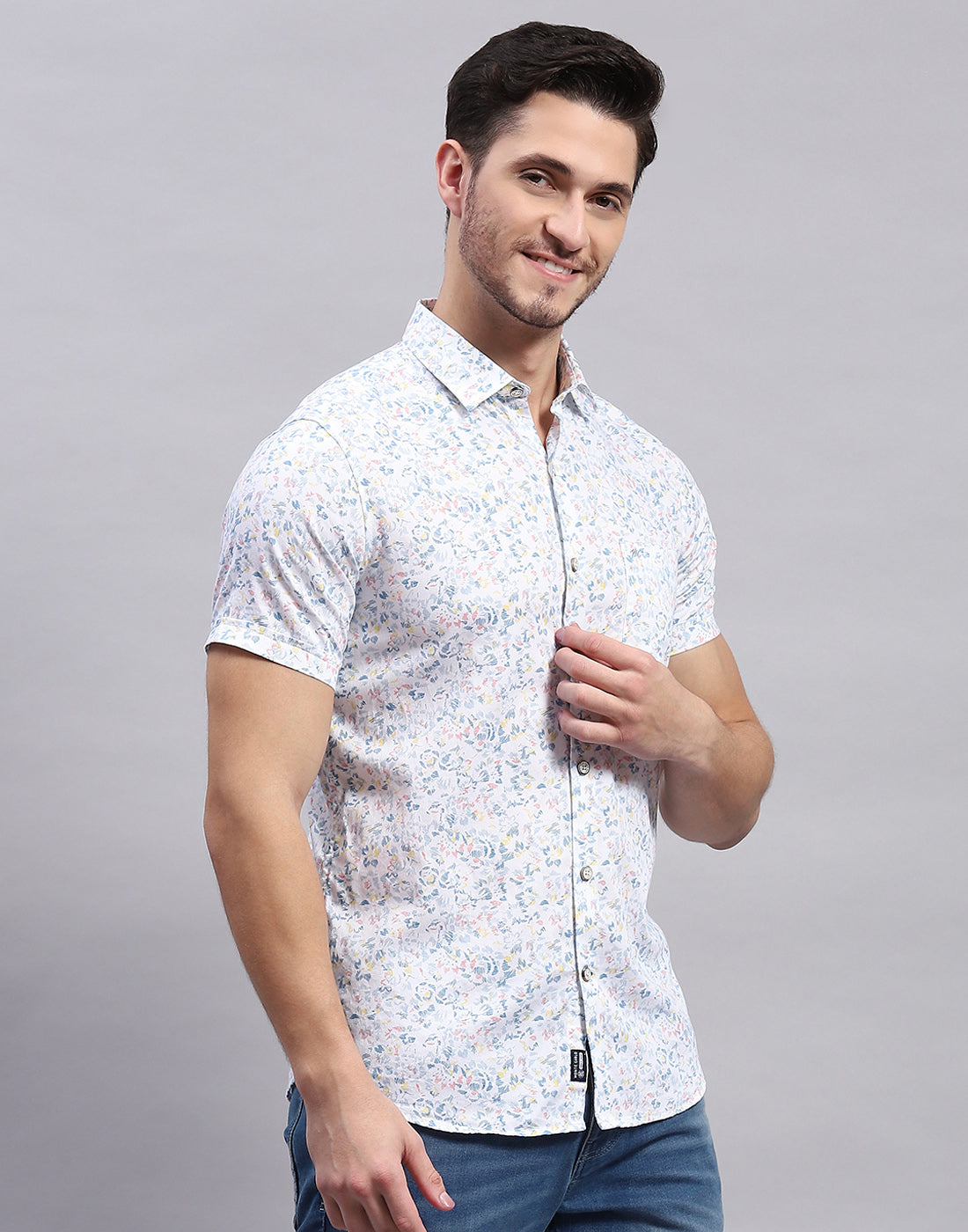 Men White Printed Collar Half Sleeve Shirt