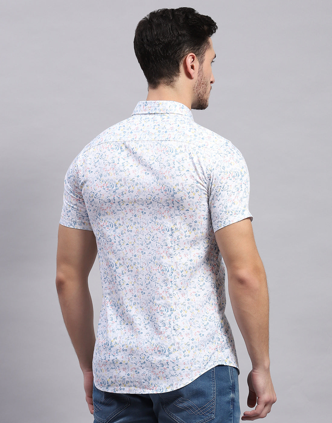 Men White Printed Collar Half Sleeve Shirt