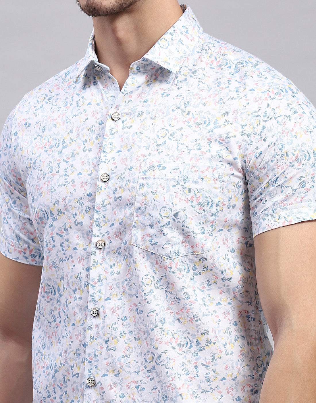 Men White Printed Collar Half Sleeve Shirt