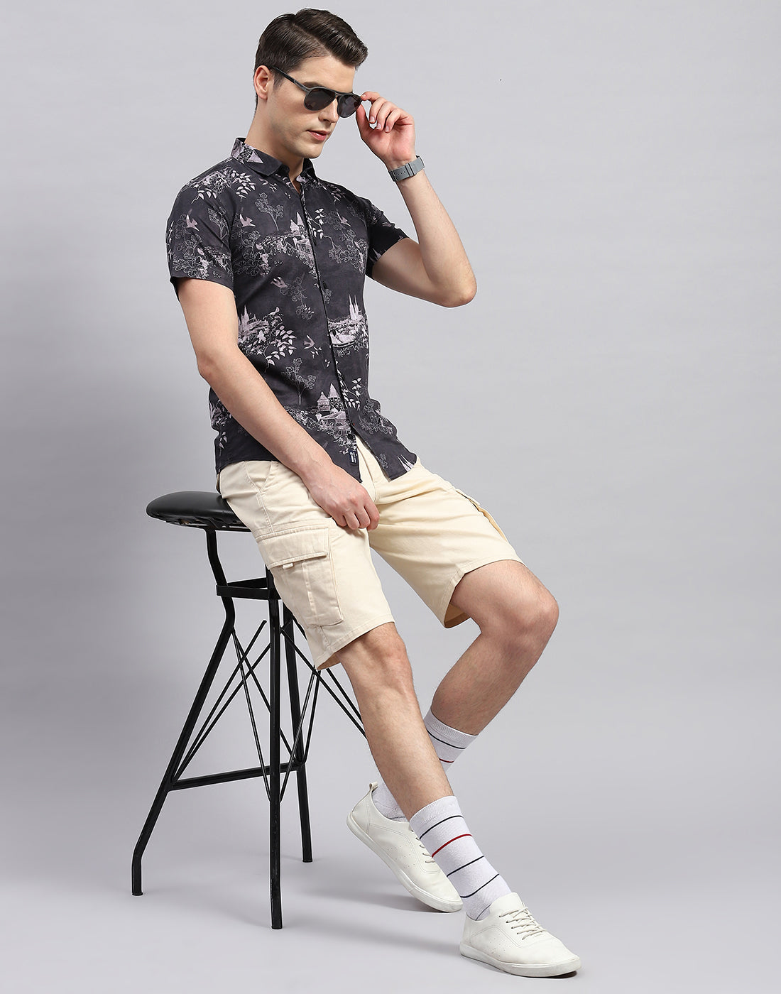 Men Black Printed Collar Neck Half Sleeve Shirt