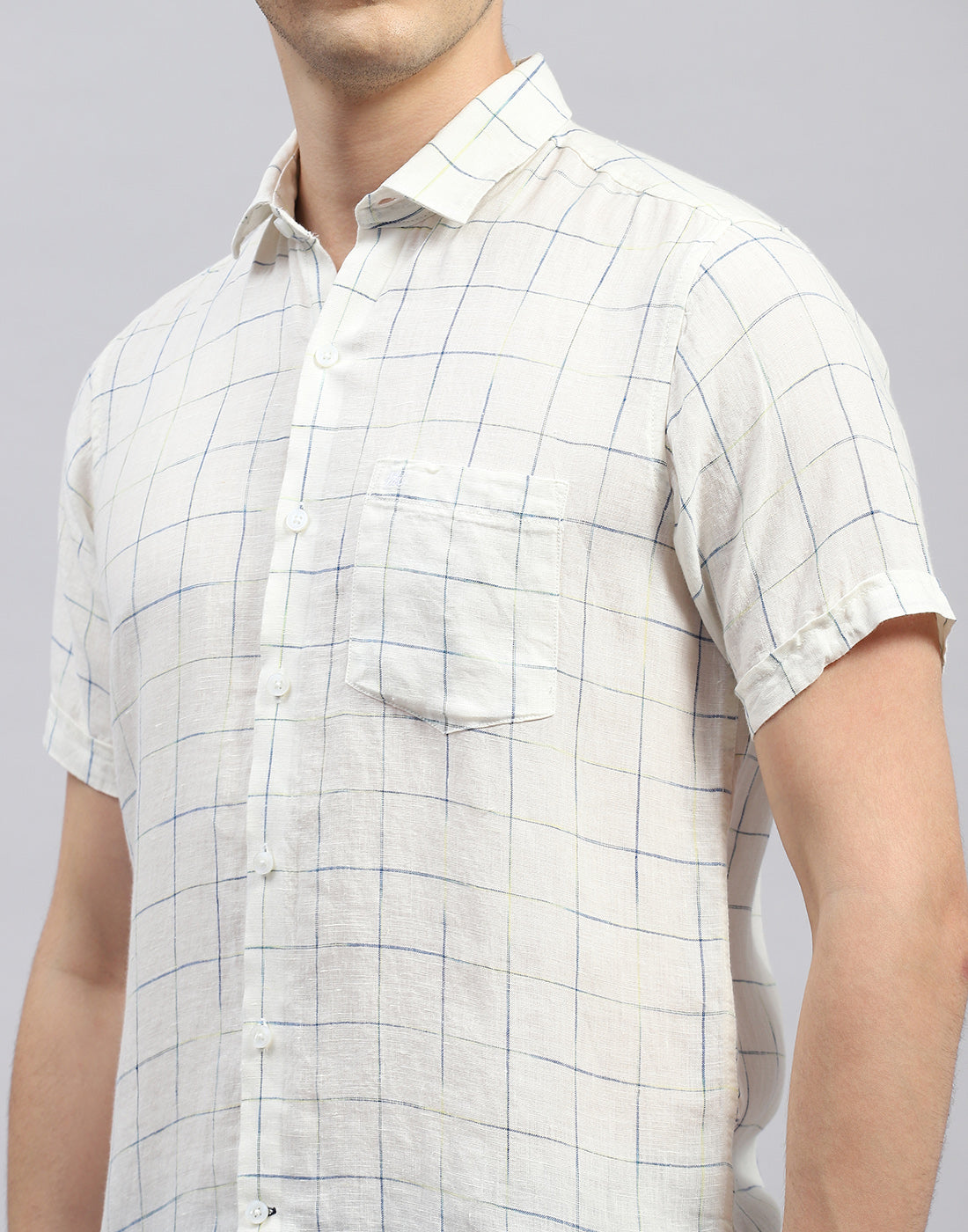 Men White Check Collar Half Sleeve Linen Shirt