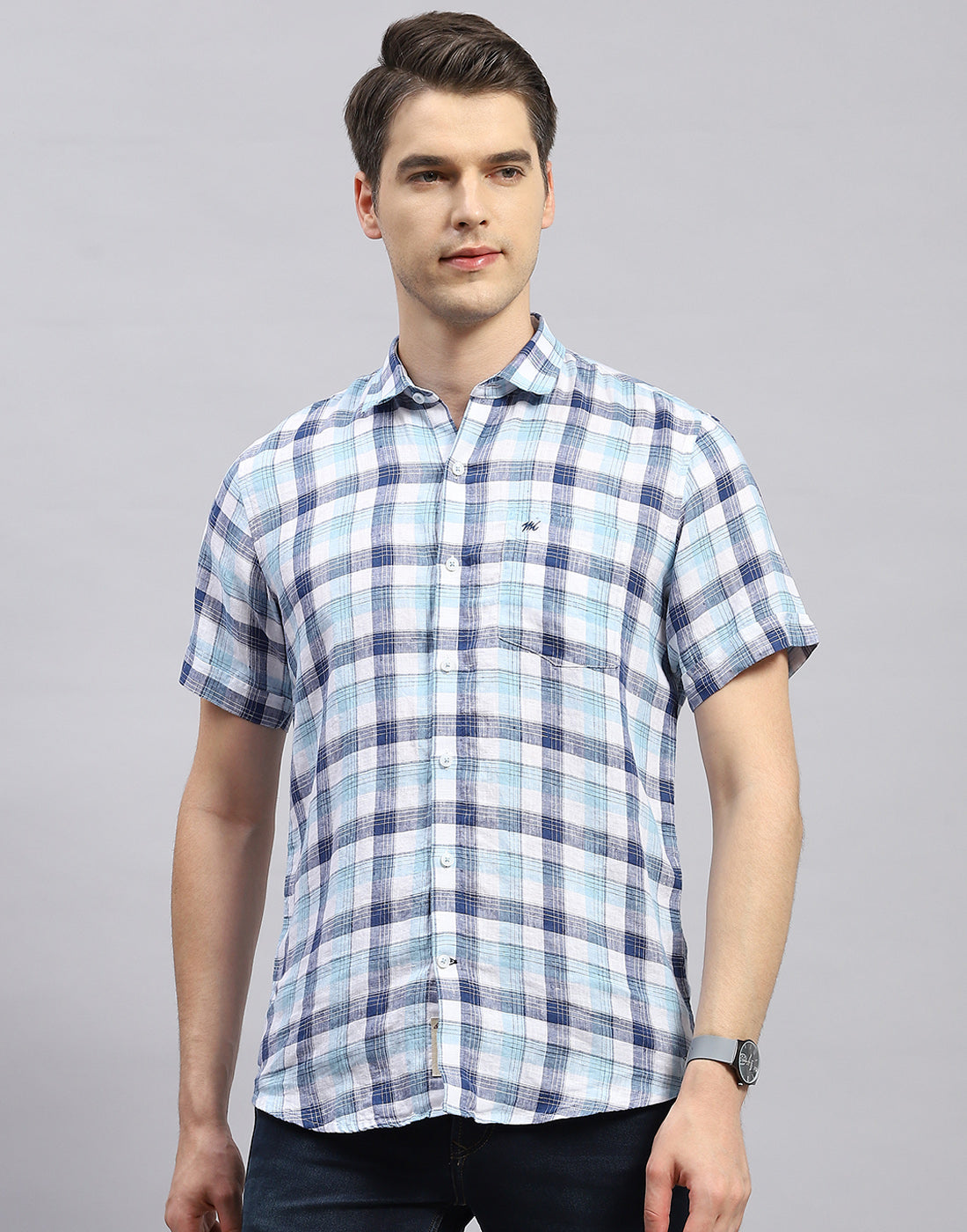 Men Blue Check Collar Half Sleeve Linen Shirt
