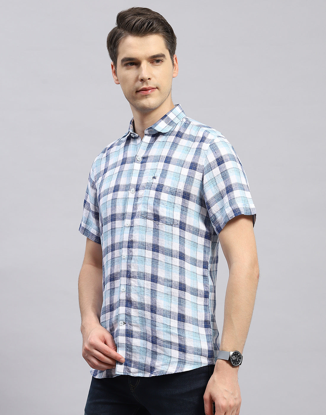 Men Blue Check Collar Half Sleeve Linen Shirt