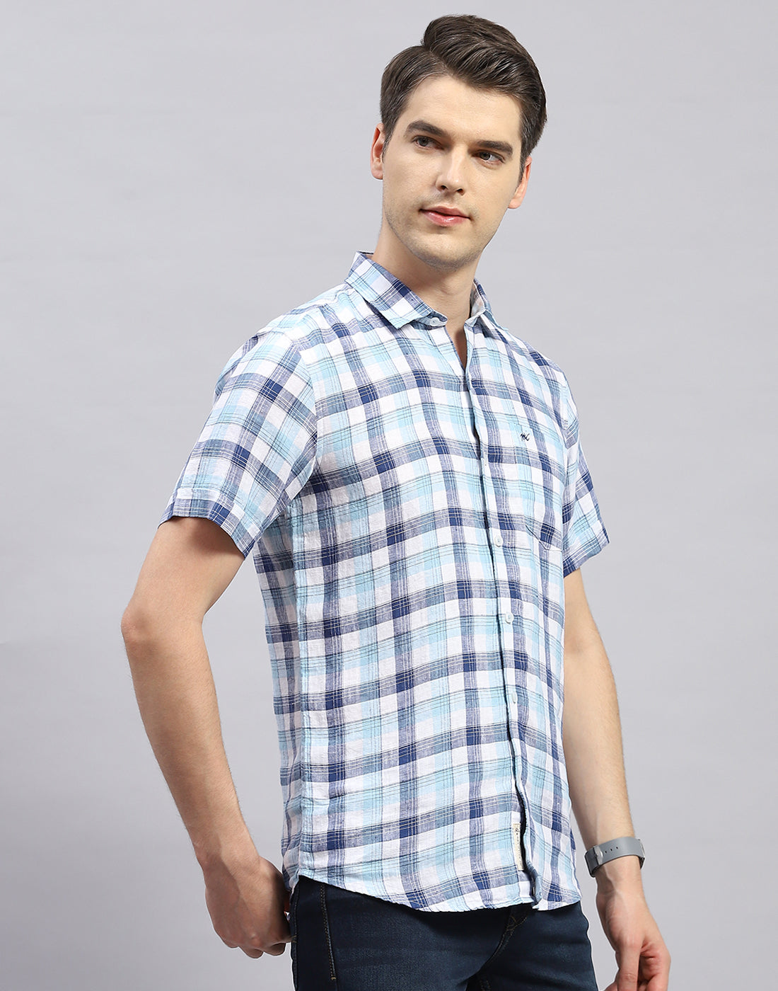 Men Blue Check Collar Half Sleeve Linen Shirt