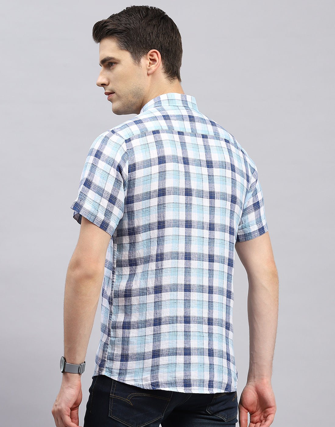 Men Blue Check Collar Half Sleeve Linen Shirt