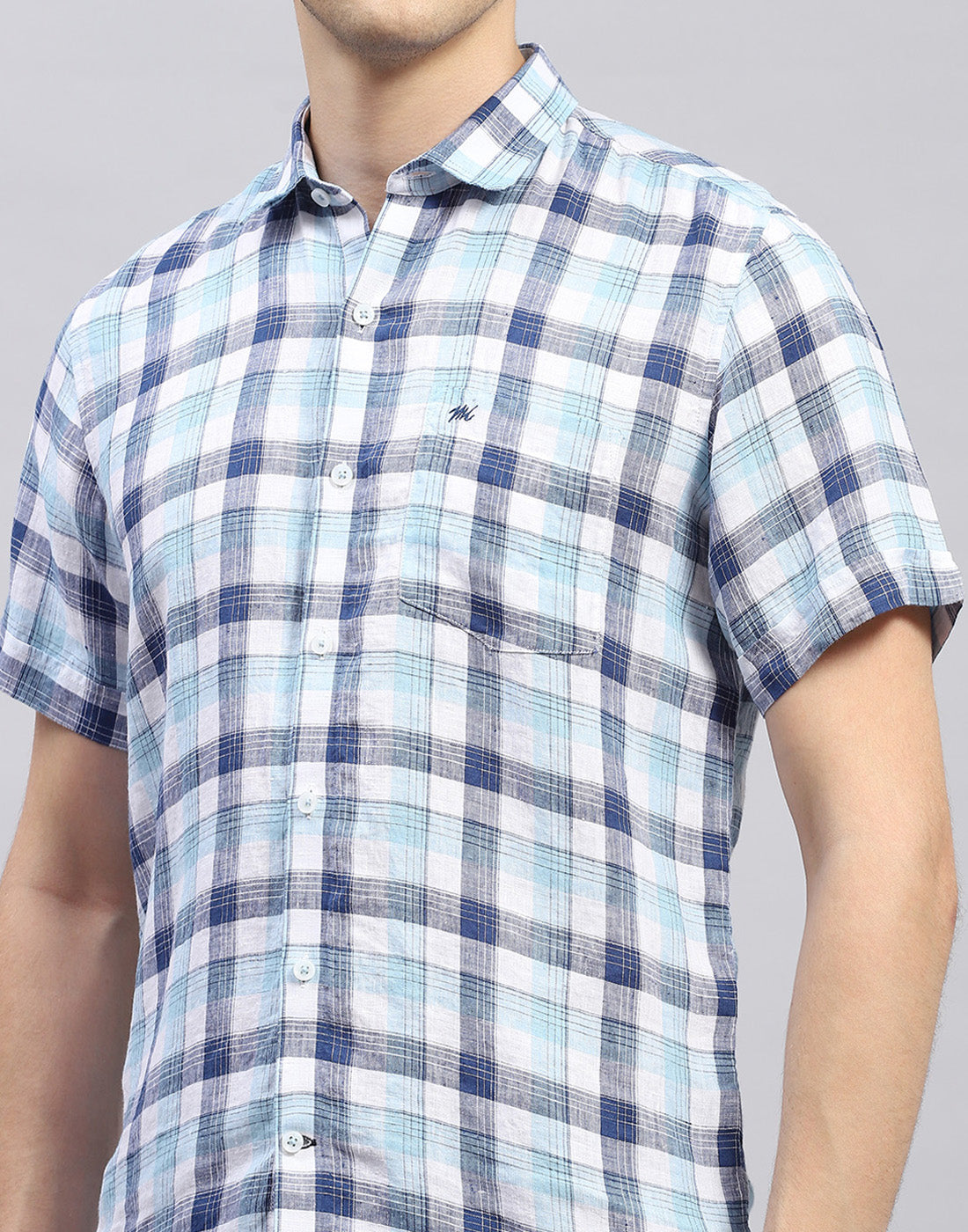 Men Blue Check Collar Half Sleeve Linen Shirt