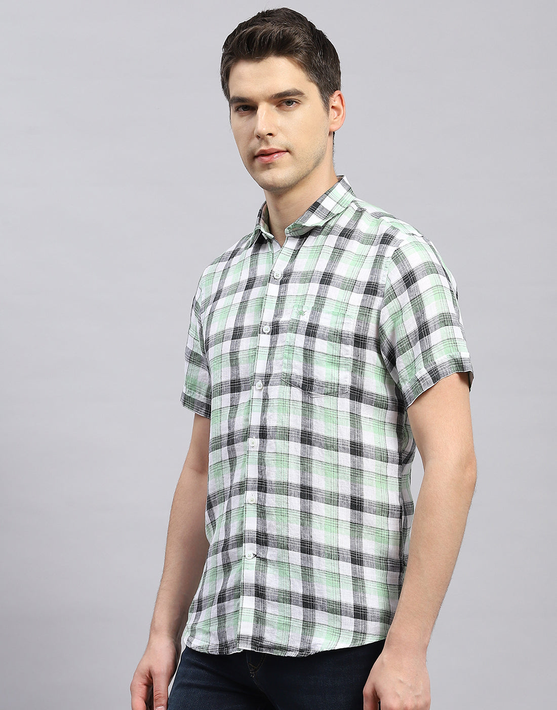 Men Green Check Collar Half Sleeve Linen Shirt