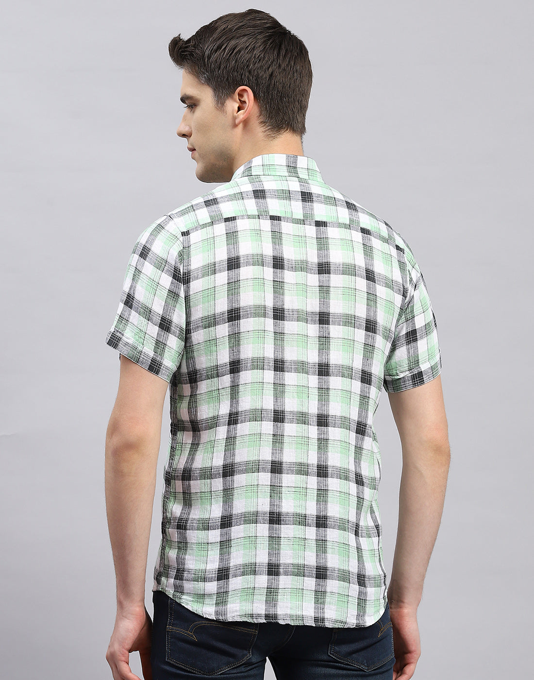 Men Green Check Collar Half Sleeve Linen Shirt