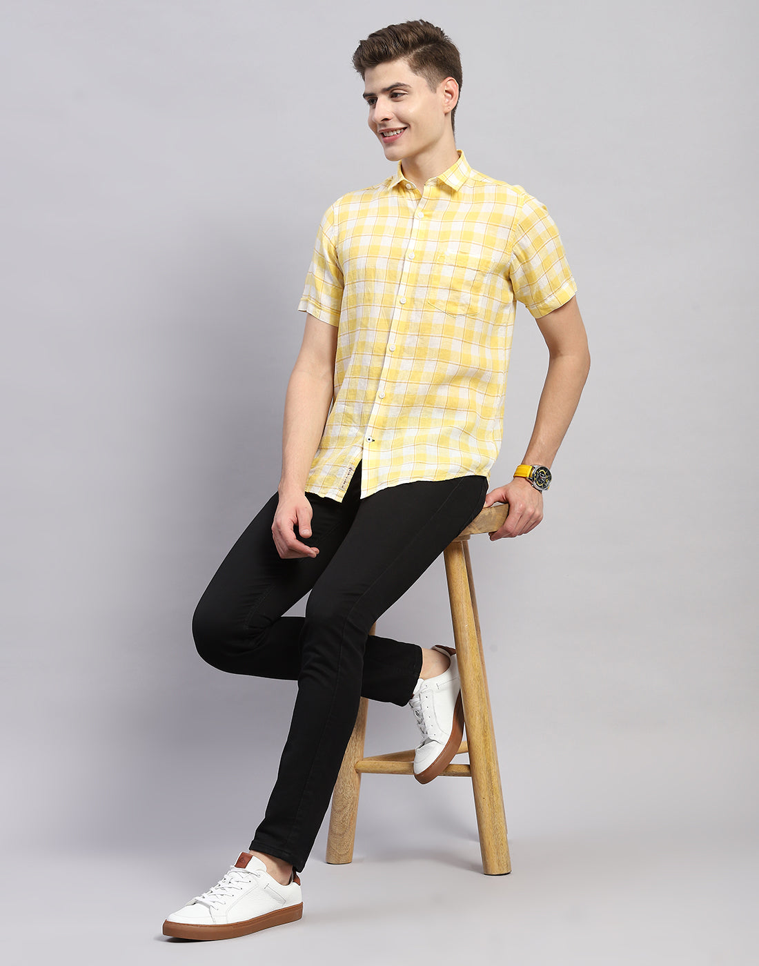 Men Yellow Check Collar Half Sleeve Linen Shirt