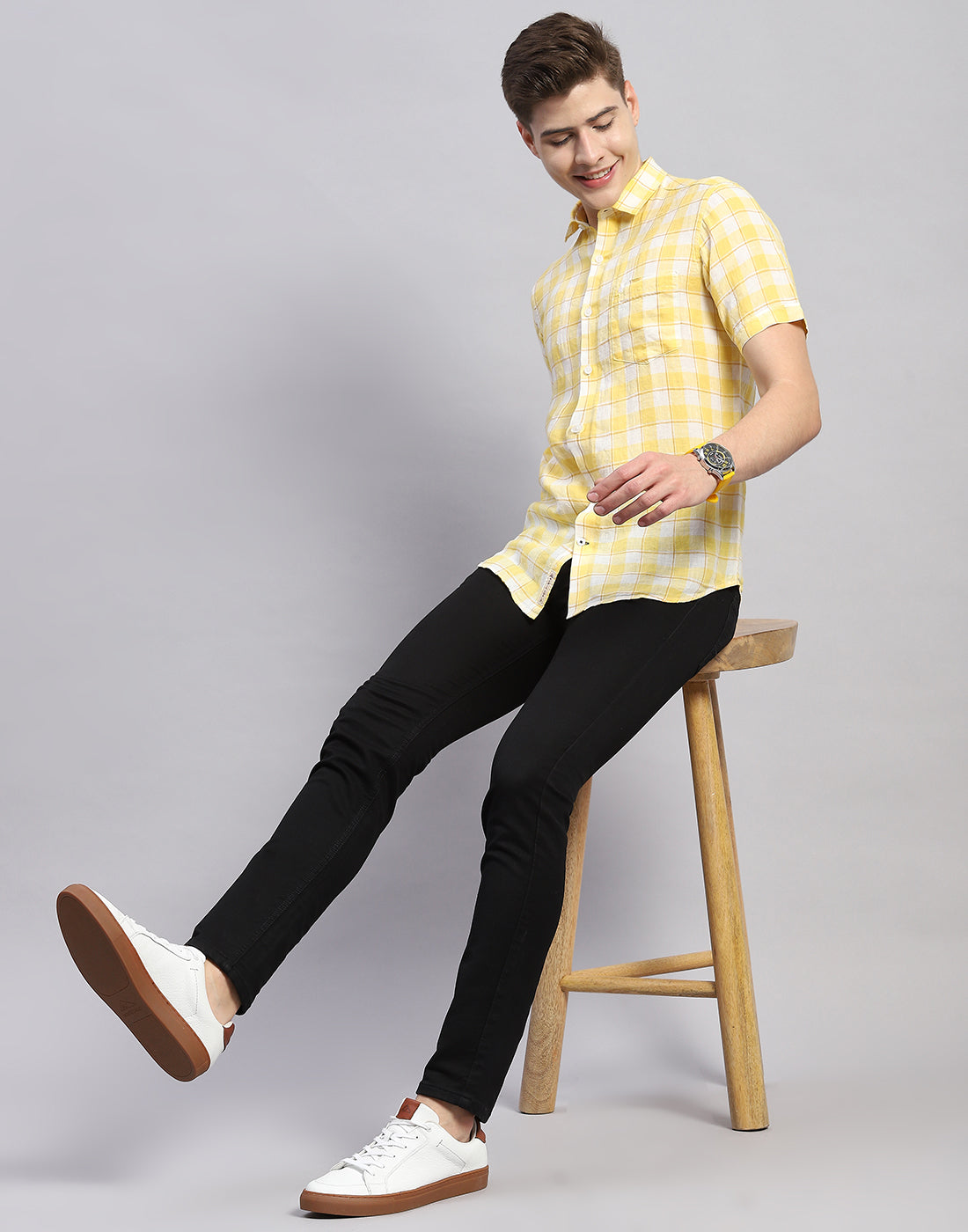 Men Yellow Check Collar Half Sleeve Linen Shirt