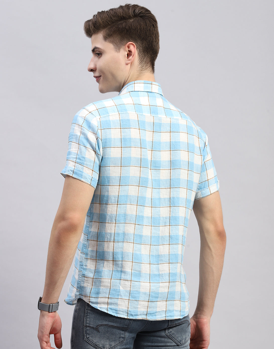 Men Blue Check Collar Half Sleeve Linen Shirt