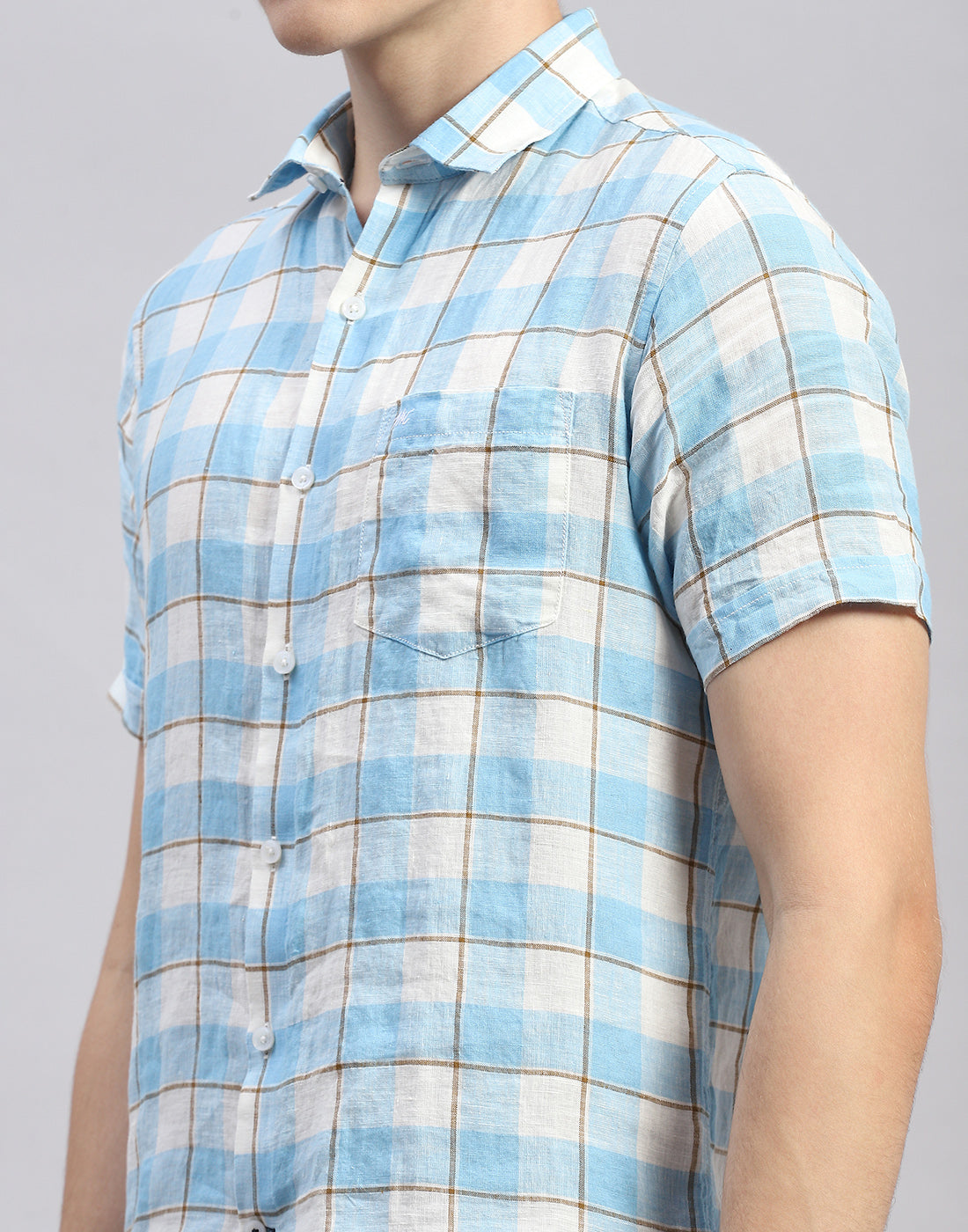 Men Blue Check Collar Half Sleeve Linen Shirt