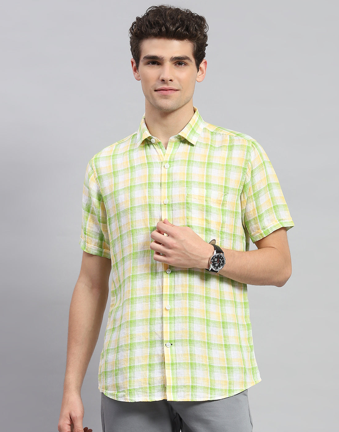 Men Green Check Collar Neck Half Sleeve Linen Shirt