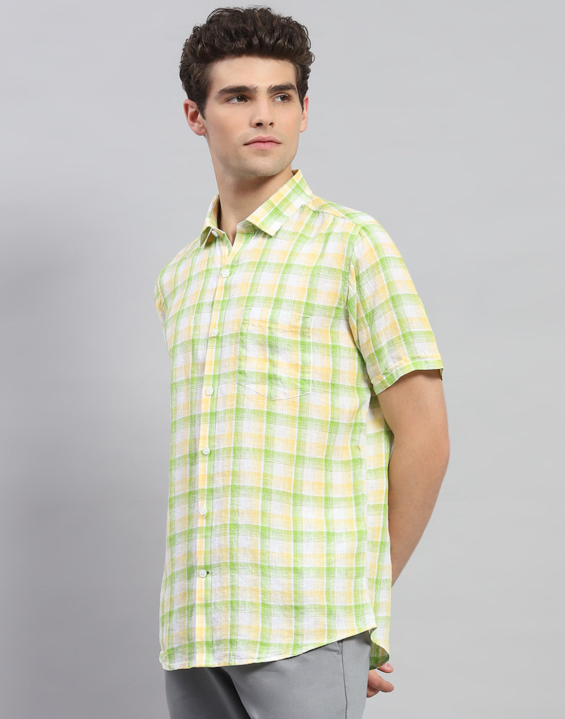 Men Green Check Collar Neck Half Sleeve Linen Shirt