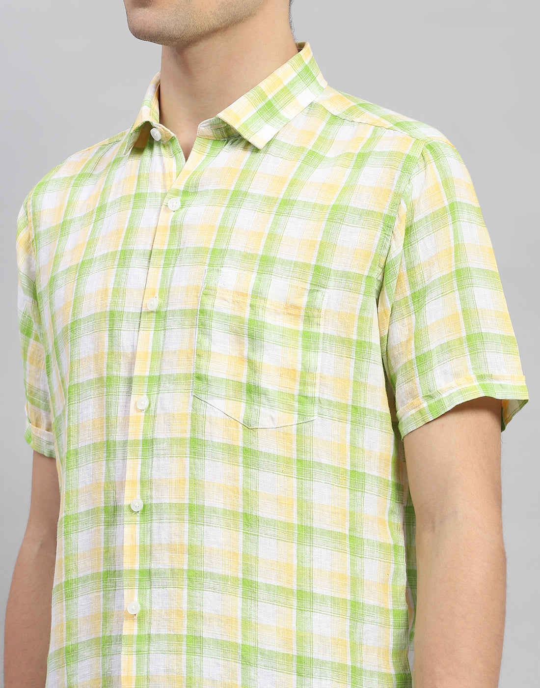 Men Green Check Collar Neck Half Sleeve Linen Shirt