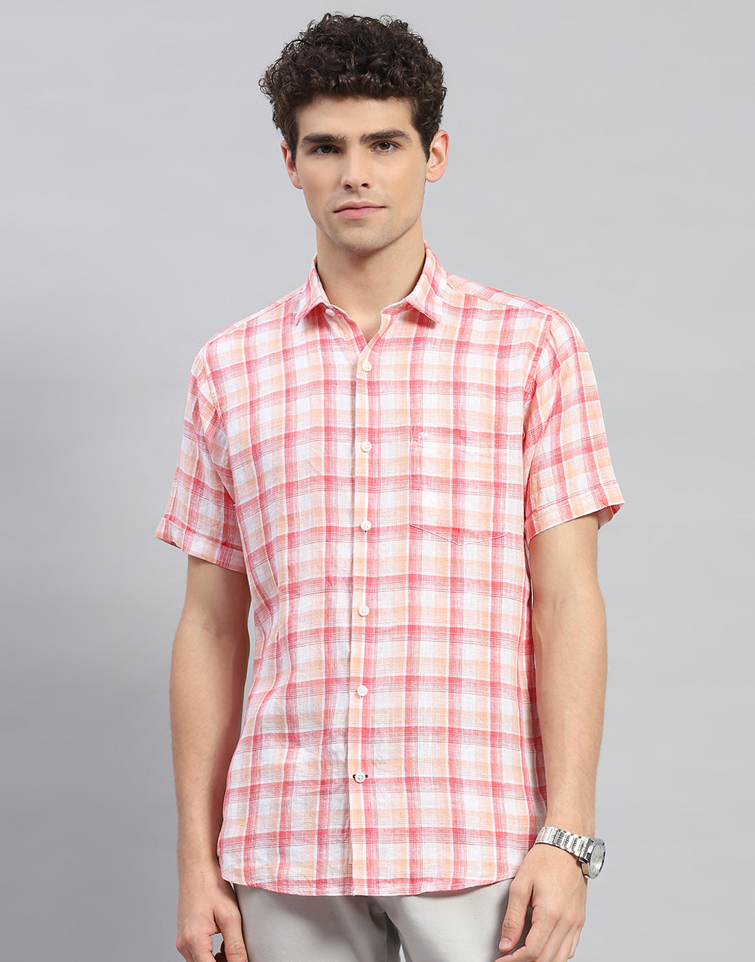 Men Orange Check Collar Neck Half Sleeve Linen Shirt