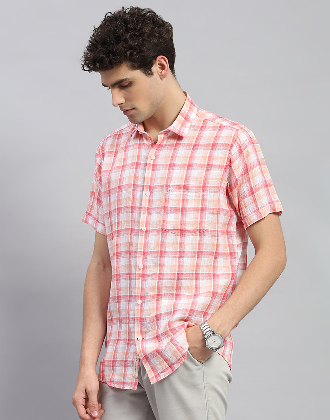 Men Orange Check Collar Neck Half Sleeve Linen Shirt