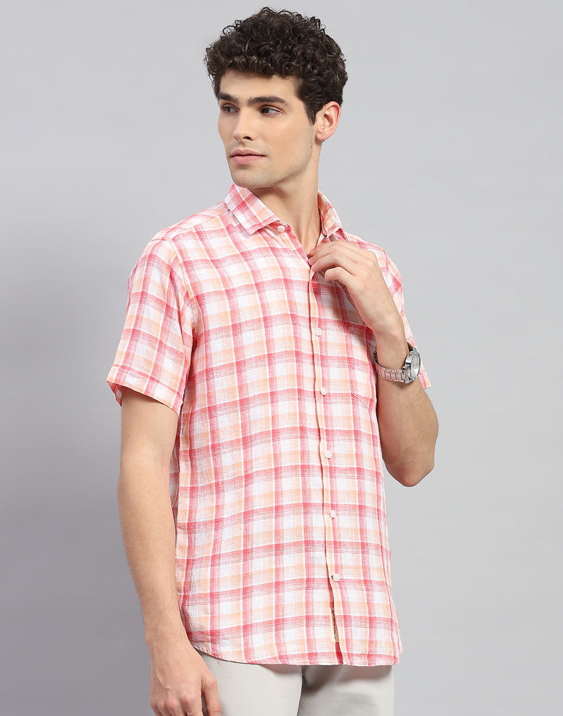 Men Orange Check Collar Neck Half Sleeve Linen Shirt