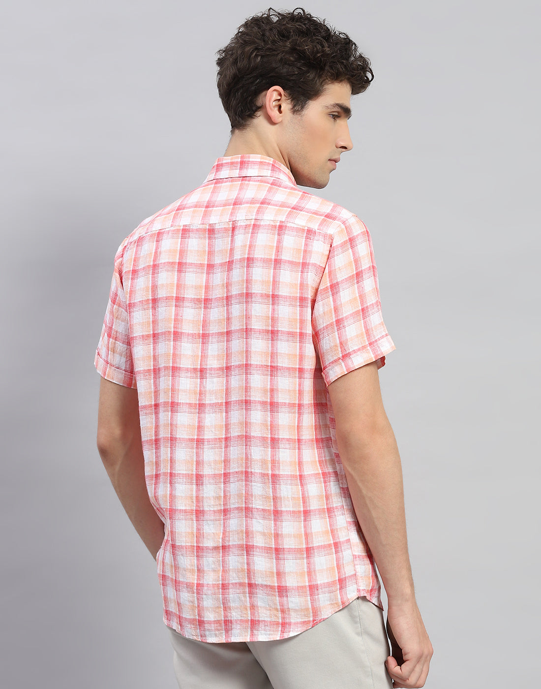 Men Orange Check Collar Neck Half Sleeve Linen Shirt