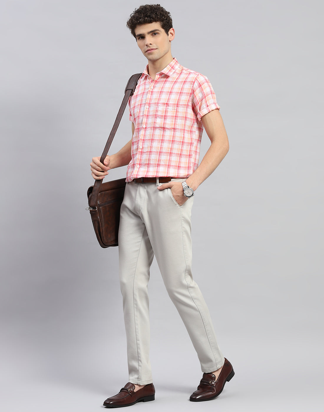 Men Orange Check Collar Neck Half Sleeve Linen Shirt