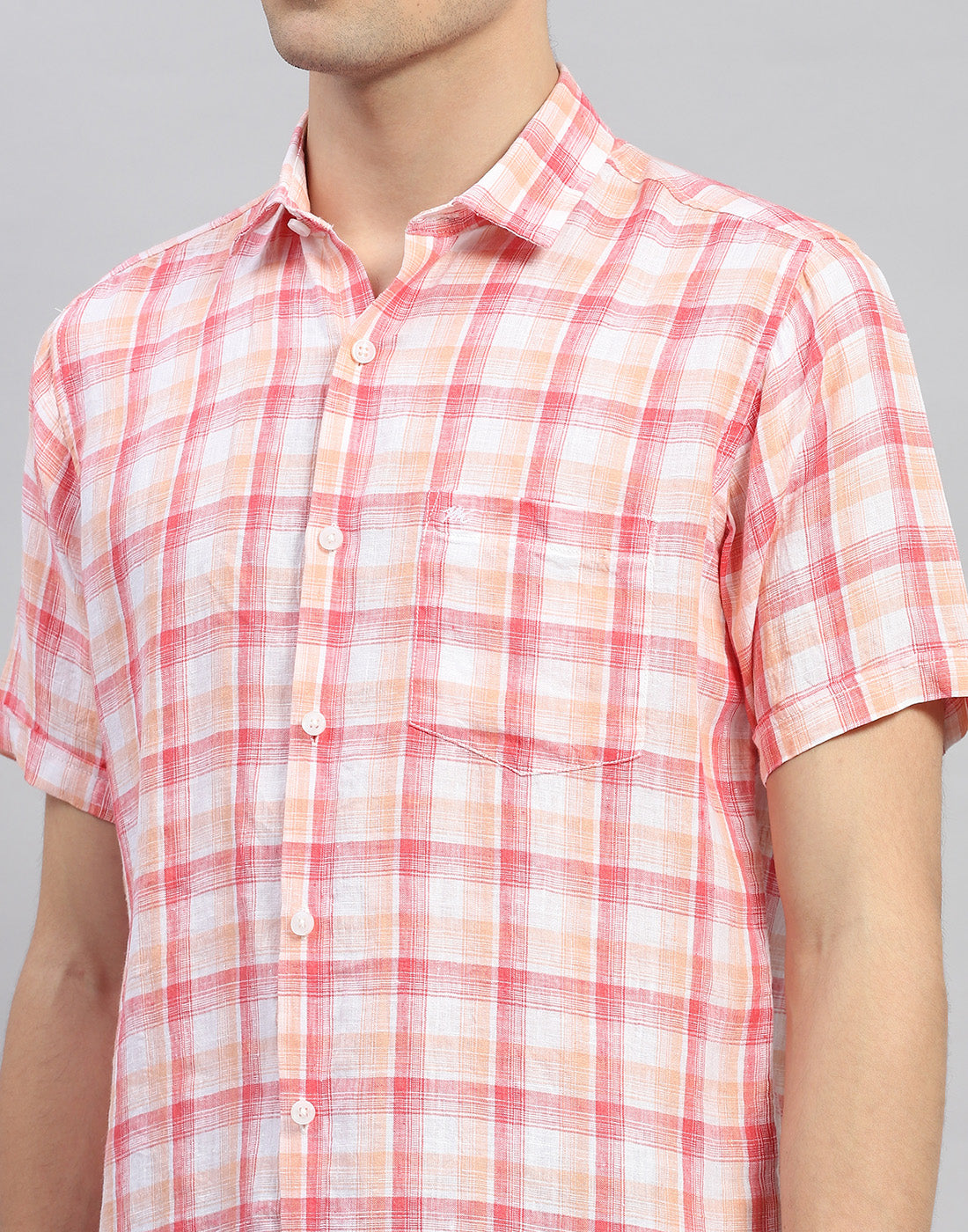 Men Orange Check Collar Neck Half Sleeve Linen Shirt