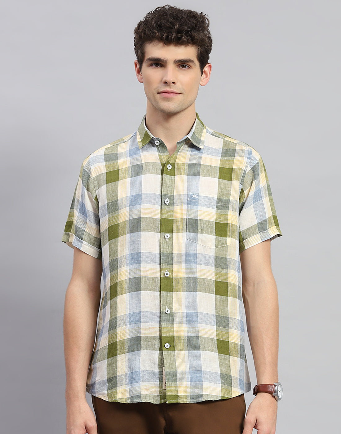 Men Olive Check Collar Neck Half Sleeve Linen Shirt