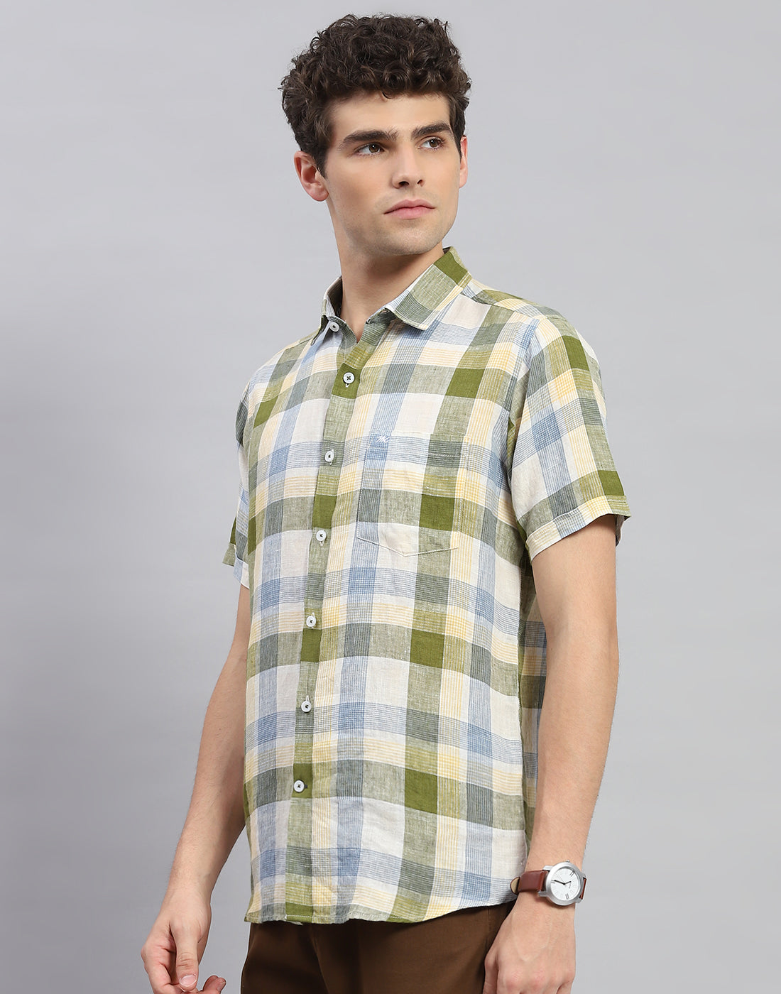 Men Olive Check Collar Neck Half Sleeve Linen Shirt